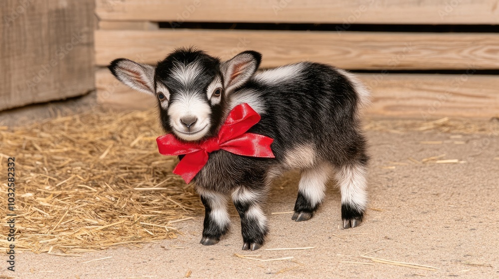 Fototapeta premium A charming baby goat adorned with a red bow poses against a softly blurred, beautiful backdrop in a heartwarming setting