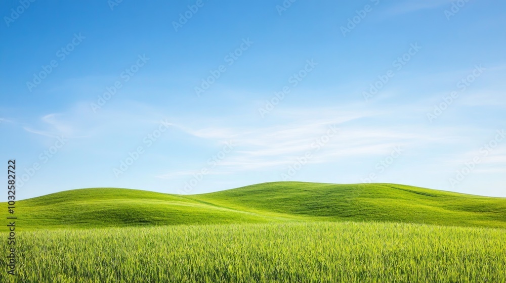 Fototapeta premium Lush green hills under a clear blue sky, evoking tranquility and natural beauty.