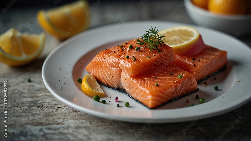 Fresh salmon elegantly displayed on a white plate, showcasing vibrant colors and gourmet presentation. Ideal for food photography, this healthy seafood dish embodies culinary excellence. Fresh salmon elegantly displayed on a white plate, showcasing vibrant colors and gourmet presentation. Ideal for food photography, this healthy seafood dish embodies culinary excellence.