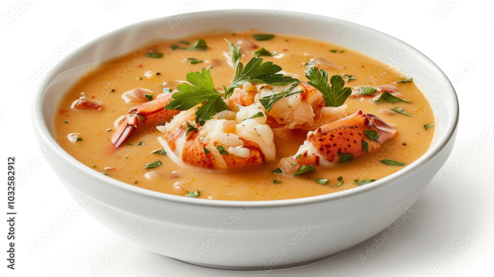 Bowl of lobster bisque on a clean white background, with space for easy extraction, highlighting the creamy bisque and colorful garnishes for advertising impact. Bowl of lobster bisque on a clean white background, with space for easy extraction, highlighting the creamy bisque and colorful garnishes for advertising impact.