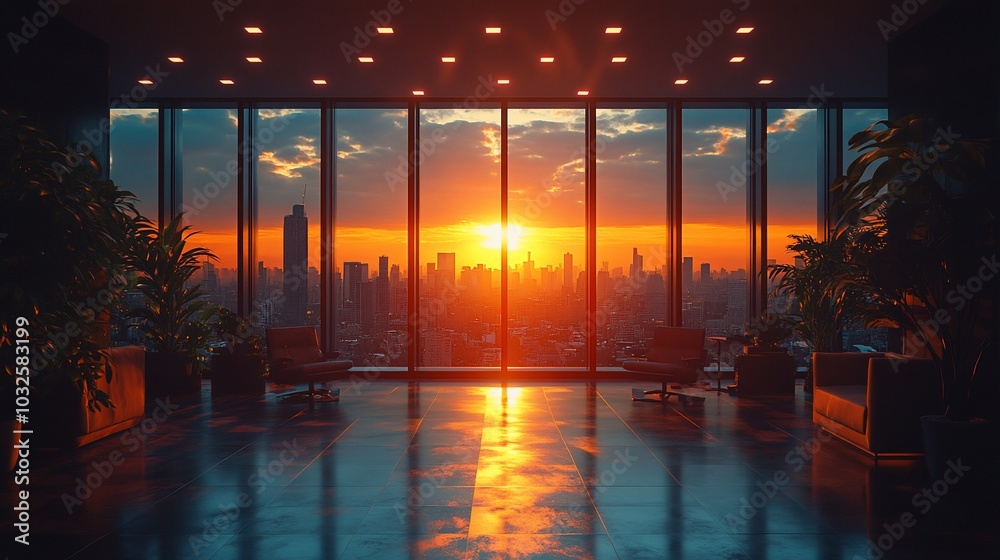 Fototapeta premium Modern office interior with large windows overlooking a cityscape with sunset.