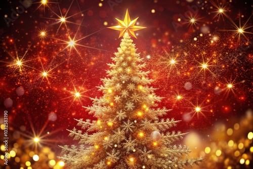 Glowing Gold Christmas Tree Animation with Particle Lights, Stars, and Snowflakes on Red Holiday Background