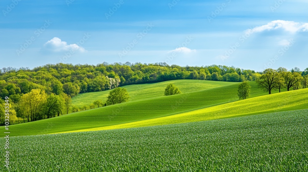Fototapeta premium Lush green hills under a bright blue sky, showcasing a serene natural landscape.