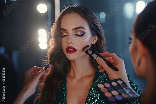 A model receives glamorous makeup application backstage during a fashion show...