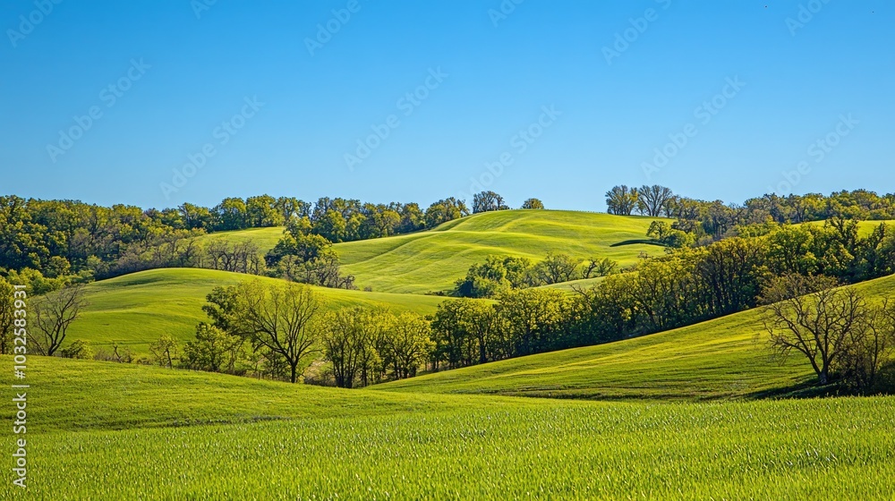 Fototapeta premium Lush green hills under a clear blue sky, showcasing serene natural beauty.