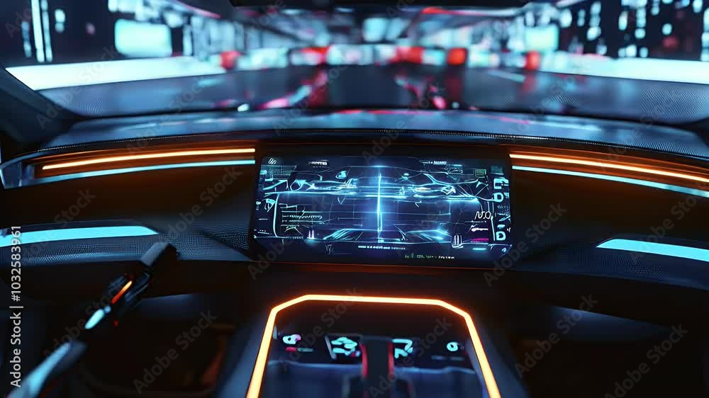 Futuristic car interior with glowing dashboard and a digital display. Futuristic car interior with glowing dashboard and a digital display.