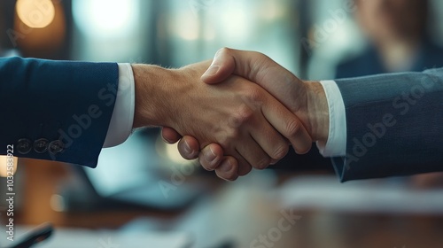 Professional handshake in a modern office setting during a business meeting