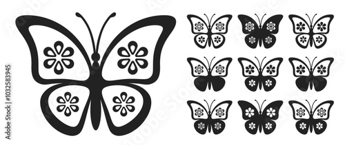 Stylized set of vector butterflies monarch with floral patterns on wings. Ideal for creative projects, branding and decor. Minimalist black and white versatile design for stickers, icons or prints