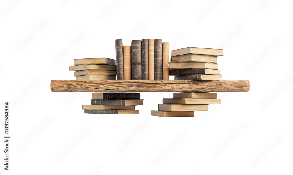 Wooden shelf with stacks of books isolate on transparent background, cutout, png Wooden shelf with stacks of books isolate on transparent background, cutout, png