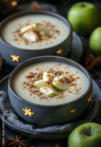 Delicious warm dessert featuring creamy apple soup topped with green apple sl...