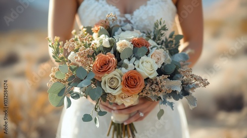 A bride holding a beautiful bouquet of white roses and greenery at a desert w...