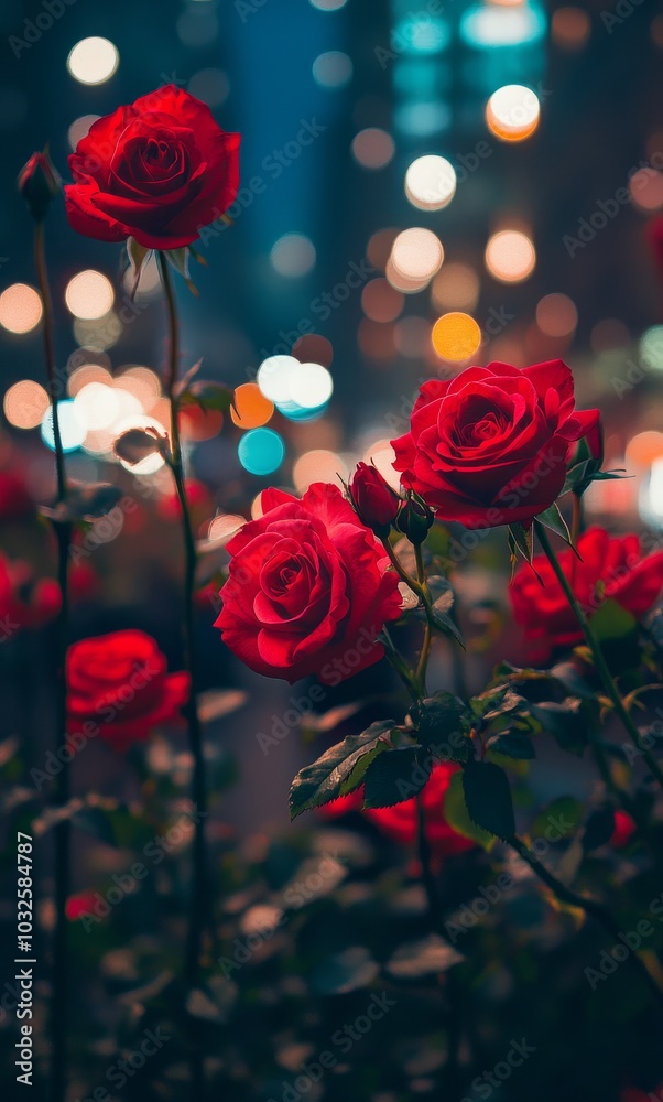 Red roses blooming in a vibrant city setting with blurred lights at night Red roses blooming in a vibrant city setting with blurred lights at night