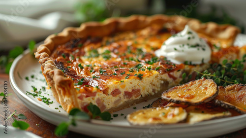 Gourmet Delight Quiche Lorraine elegantly plated in a high-end restaurant setting, featuring crèe fraïche, fresh herbs, and truffle-infused potato chips for a refined dining experience.