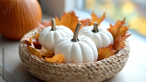 White pumpkins and autumn leaves in a woven basket on a wooden table indoors