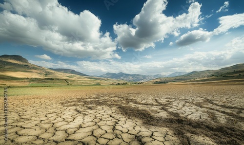 Cracked earth in a valley, with mountains in the distance.