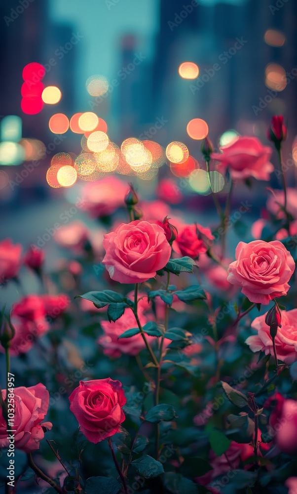 Obraz premium Red roses blooming in a vibrant city setting with blurred lights at night