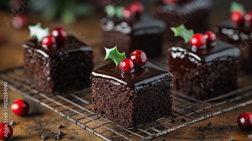 Delicious chocolate house shaped desserts decorated with berries and holly fo...