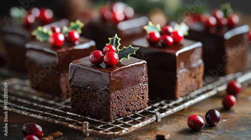 Delicious chocolate house shaped desserts decorated with berries and holly fo...