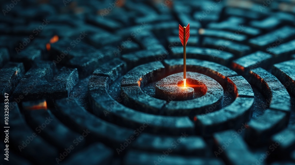 Success in real estate marketing, arrow on bullseye, hit maze Success in real estate marketing, arrow on bullseye, hit maze