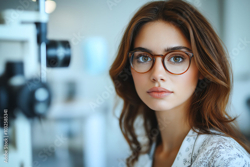 Portrait of young Woman with Glasses in Optometry Clinic, looking directly at camera. Eyes care Concept  photo