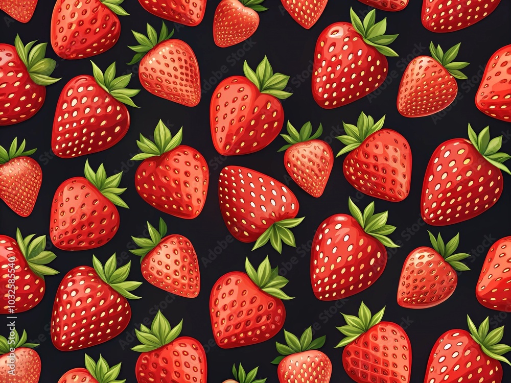 Minimalist Seamless Pattern of Red Strawberries on Black Background - Vector Illustration Minimalist Seamless Pattern of Red Strawberries on Black Background - Vector Illustration