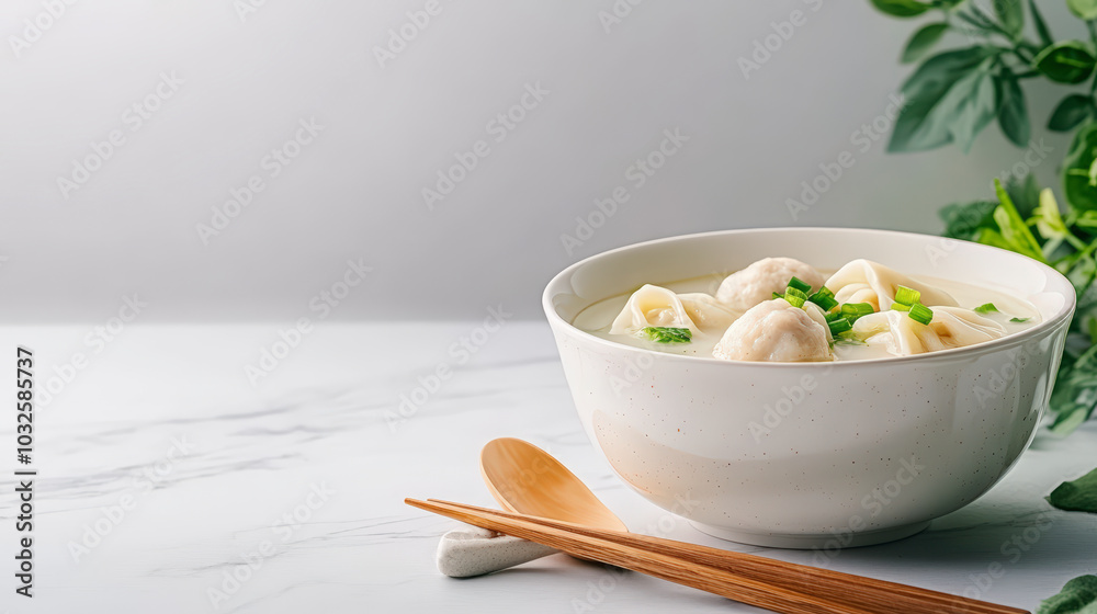 A bowl of steaming dumpling soup garnished with green onions, accompanied by wooden chopsticks and a spoon on a marble surface with greenery. A bowl of steaming dumpling soup garnished with green onions, accompanied by wooden chopsticks and a spoon on a marble surface with greenery.