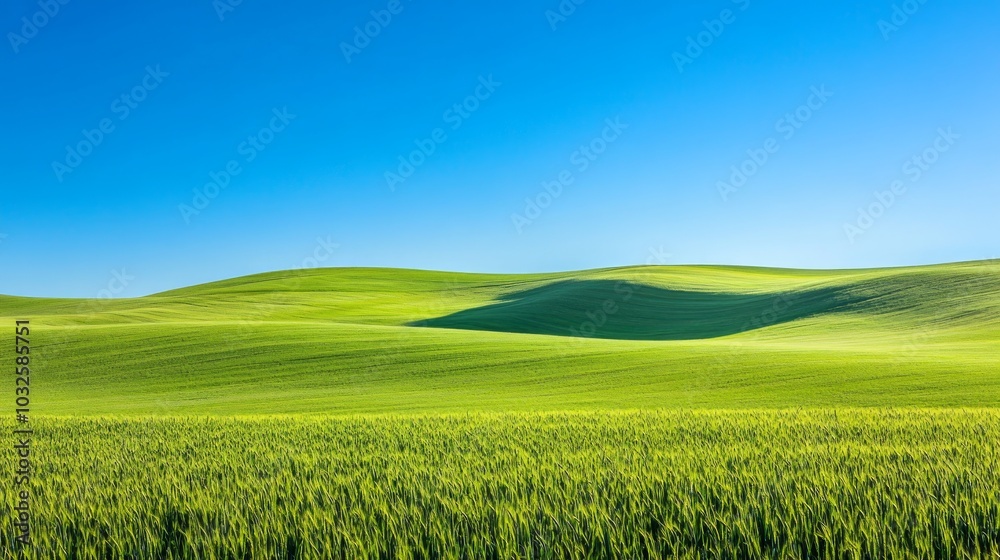 Fototapeta premium Lush green rolling hills under a clear blue sky, evoking tranquility and nature's beauty.