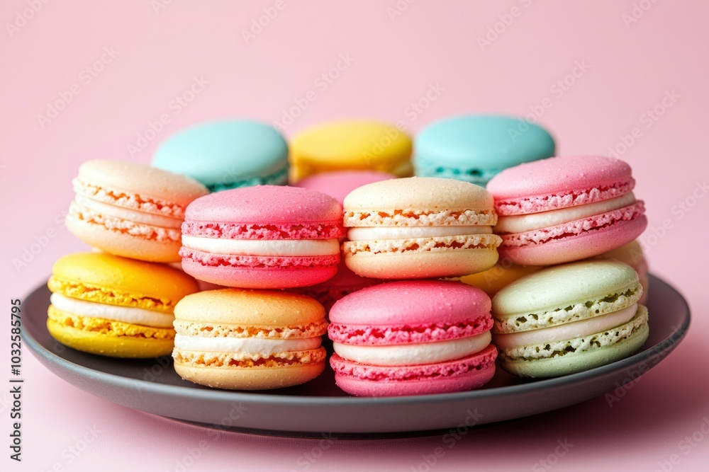 Colorful Macarons with White Filling on a Gray Plate Colorful Macarons with White Filling on a Gray Plate
