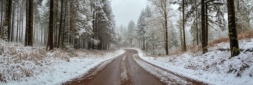Curving winter road surrounded by snow covered trees in a tranquil forest set...
