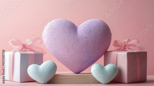 Decorative heart shaped display with gifts and pink accents for a festive cel...