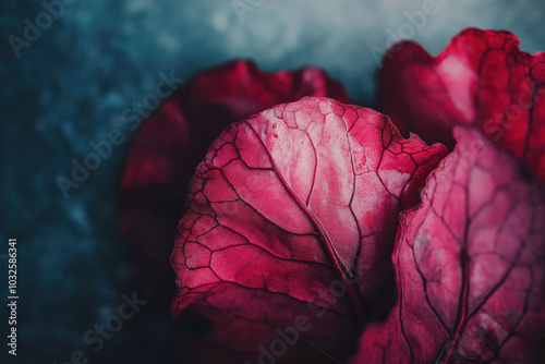 Close-up of vibrant red leaf veins against dark background