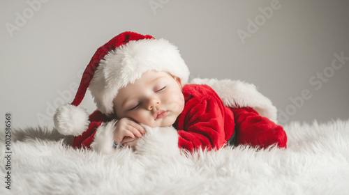  A baby peacefully sleeps in a Santa Claus costume, lying on a fluffy white blanket. The baby wears a red suit with white trim and a pom-pom hat. The scene feels cozy and adorable