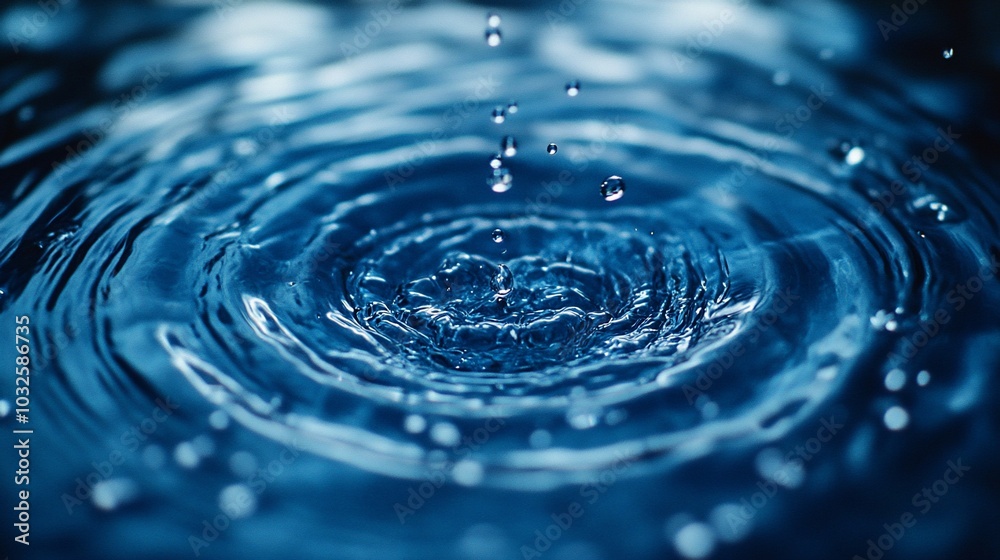 Close-up of water droplets creating ripples on the surface of a still blue body of water. Close-up of water droplets creating ripples on the surface of a still blue body of water.