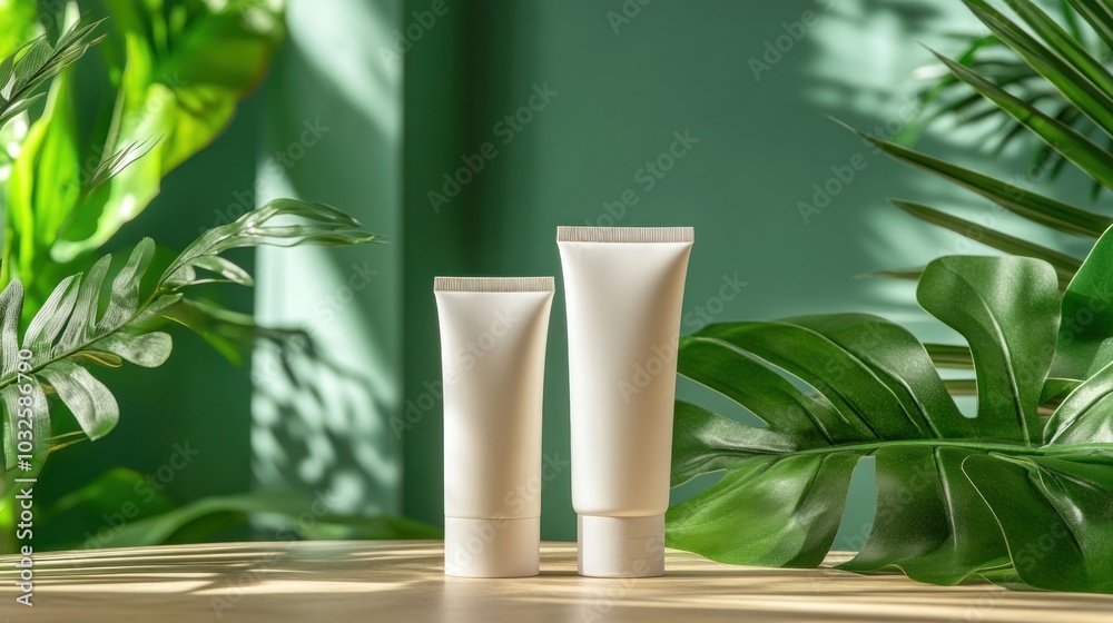 Two white cosmetic tubes on a wooden surface surrounded by green plants. Two white cosmetic tubes on a wooden surface surrounded by green plants.