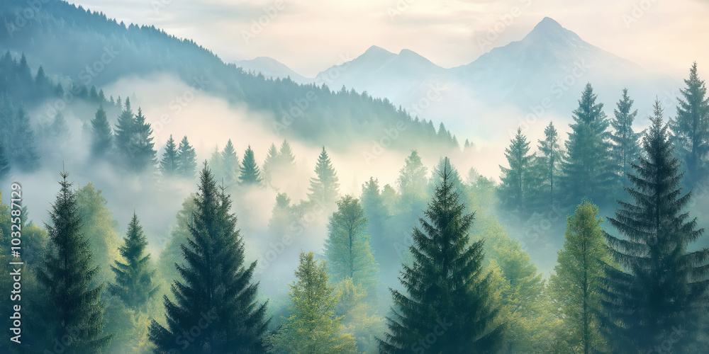Majestic mountains and misty forest: serene nature landscape at dawn Majestic mountains and misty forest: serene nature landscape at dawn