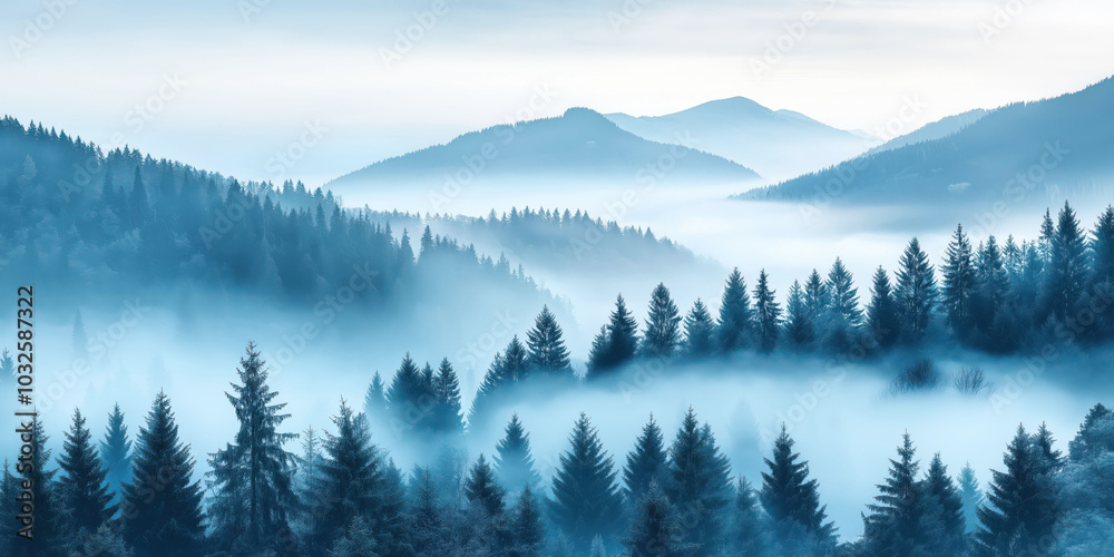 Obraz premium Misty pine forest hills at sunrise in scenic mountain landscape