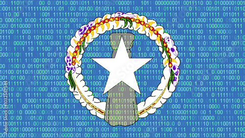 Binary code on flag of Northern Mariana Islands. Program source code or Hacker concept on Northern Mariana Islands flag. Northern Mariana Islands digital technology security, hacking or programming photo