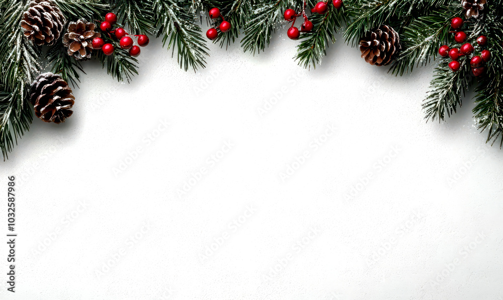 Christmas evergreen branches with pine cones and red berries isolate on white background. Christmas evergreen branches with pine cones and red berries isolate on white background.
