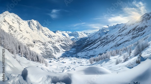 Panoramic view down snow covered valley in alpine mountain range