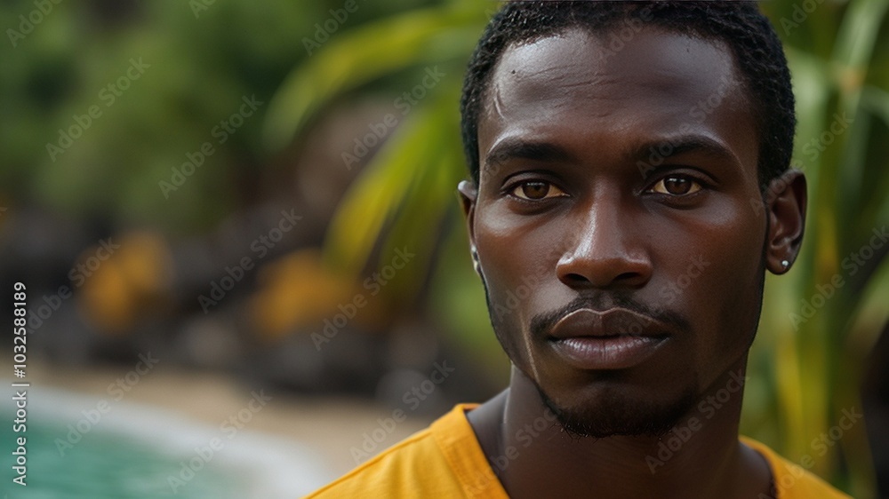 Stunning macro portrait of a young man from Saint Kitts and Nevis, highlighting his natural beauty and vibrant island culture, ideal for travel and lifestyle themes. Stunning macro portrait of a young man from Saint Kitts and Nevis, highlighting his natural beauty and vibrant island culture, ideal for travel and lifestyle themes.