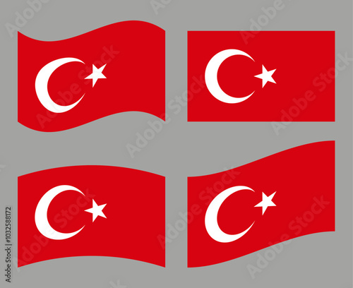 Set of Turkish flag icons. Collection of isolated Turkey flag, vector illustration.