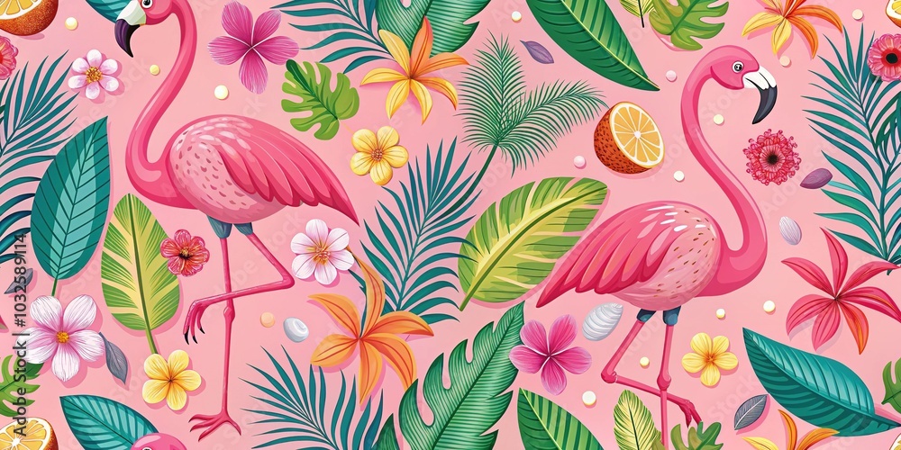 Tropical Summer Seamless Pattern with Flamingo, Flowers, and Shells