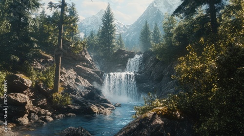 Mountain waterfall in a forest in Valle d Aosta flows between trees and rocks Close-Up photo