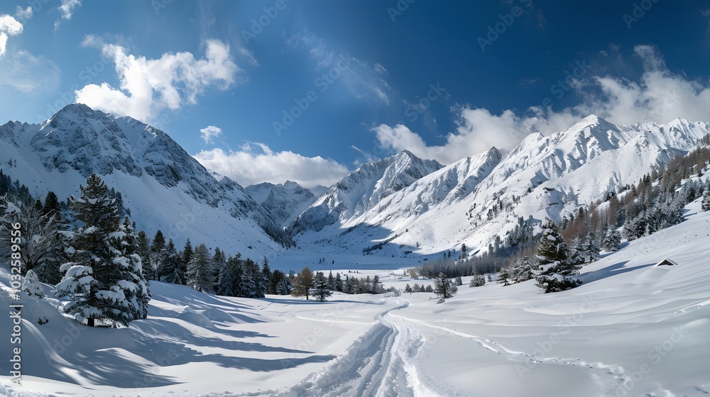 Panoramic view down snow covered valley in alpine mountain range