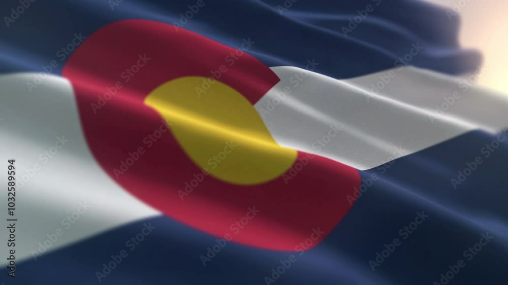 Waving the flag of the Western American State of Colorado. Waving the Colorado flag with a big Red letter filled with a golden disk in the middle. Waving Colorado region Civil flag.