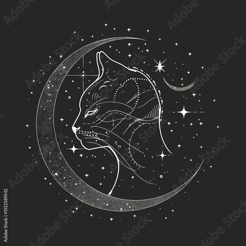 Elegant cat profile silhouette with constellation pattern against crescent moon