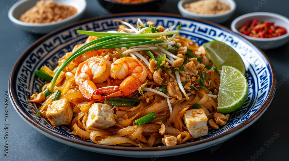 A bowl of delicious shrimp Pad Thai garnished with peanuts, lime wedges, tofu, and herbs, surrounded by small bowls of spices and ingredients. A bowl of delicious shrimp Pad Thai garnished with peanuts, lime wedges, tofu, and herbs, surrounded by small bowls of spices and ingredients.