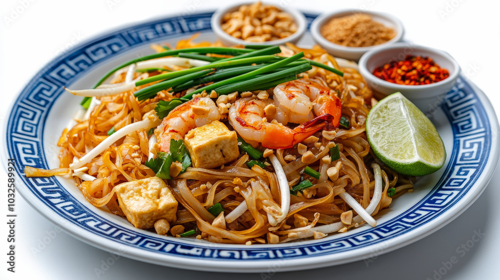 A vibrant plate of Pad Thai with shrimp, tofu, bean sprouts, and garnishes of lime, peanuts, and chili flakes, served on a decorative dish. A vibrant plate of Pad Thai with shrimp, tofu, bean sprouts, and garnishes of lime, peanuts, and chili flakes, served on a decorative dish.