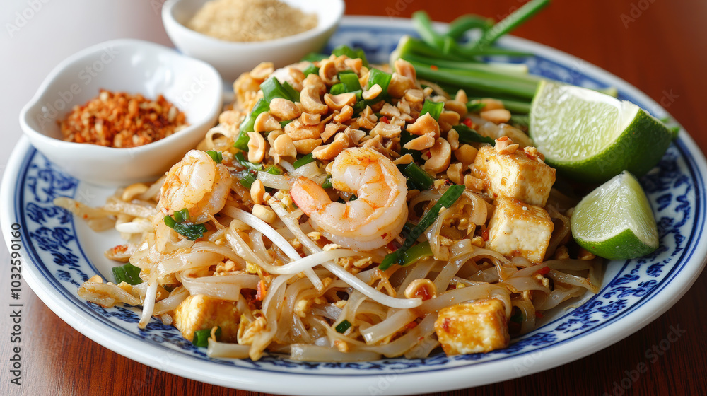 A colorful plate of Pad Thai garnished with lime wedges, peanuts, and shrimp, accompanied by chili flakes and crushed peanuts on the side. A colorful plate of Pad Thai garnished with lime wedges, peanuts, and shrimp, accompanied by chili flakes and crushed peanuts on the side.