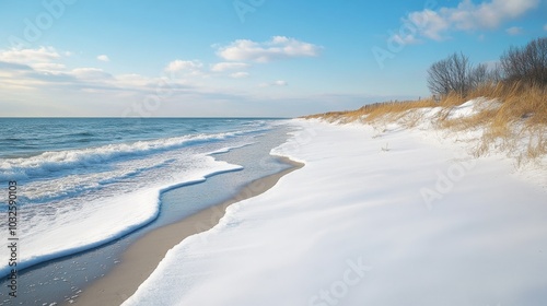 An empty winter beach featuring snow-covered sand and gentle waves along the shoreline on a clear day